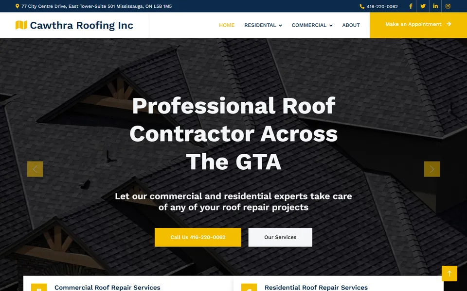 Cawthra Roofing website homepage