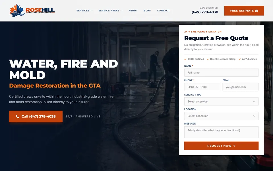 Rosehill Restoration Services website homepage